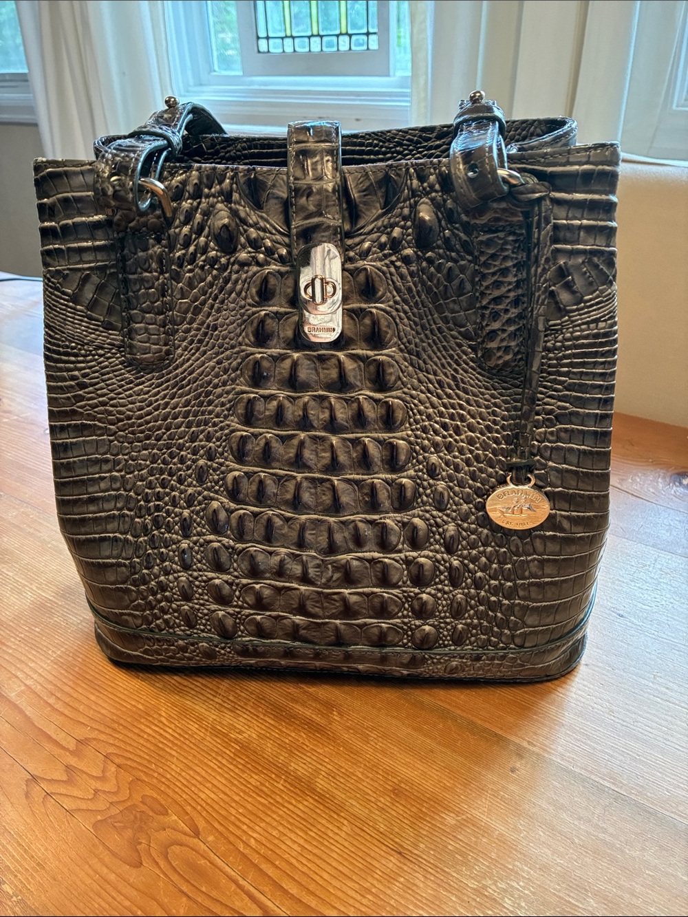 Brahmin Fiora Dark Gray Melbourne Bucket Shoulder Tote Bag - Picture 2 of 16